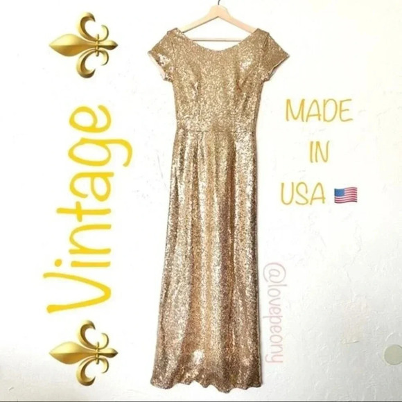 Vintage Gold Sequin Gown Cap Sleeve Maxi Dress - Picture 1 of 11
